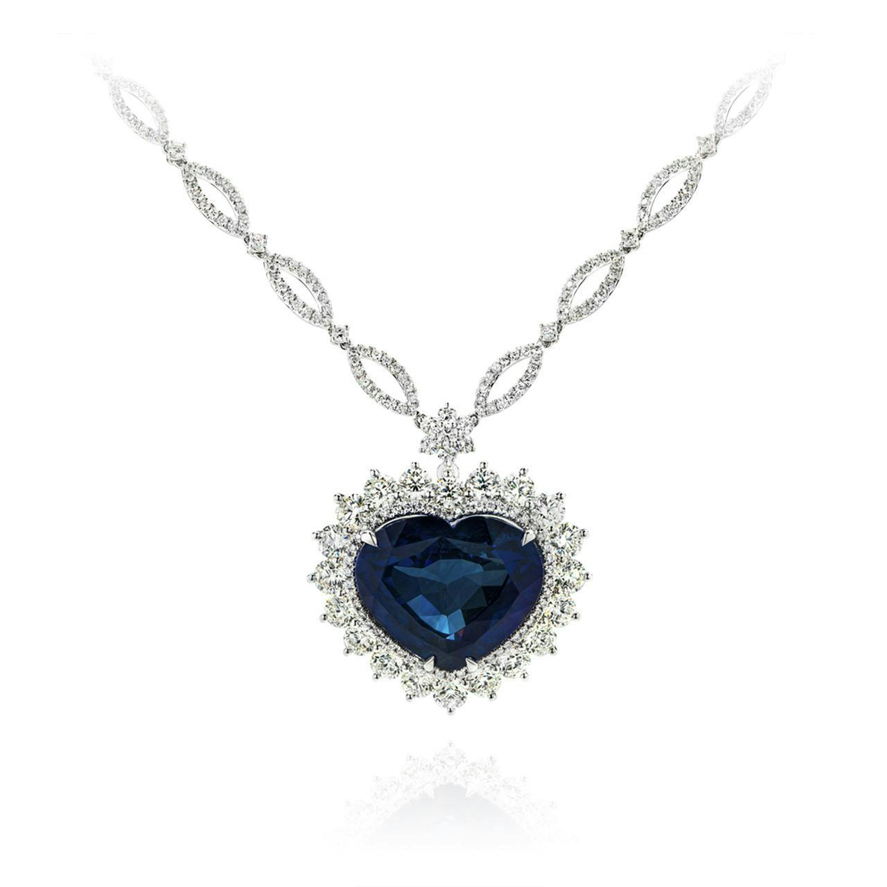 18k white gold natural blue sapphire diamond pendant  necklace 